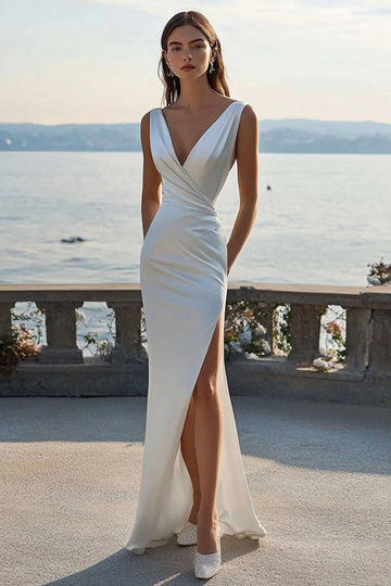 Ivory Sheath V-Neck Engagement Dress with Slit